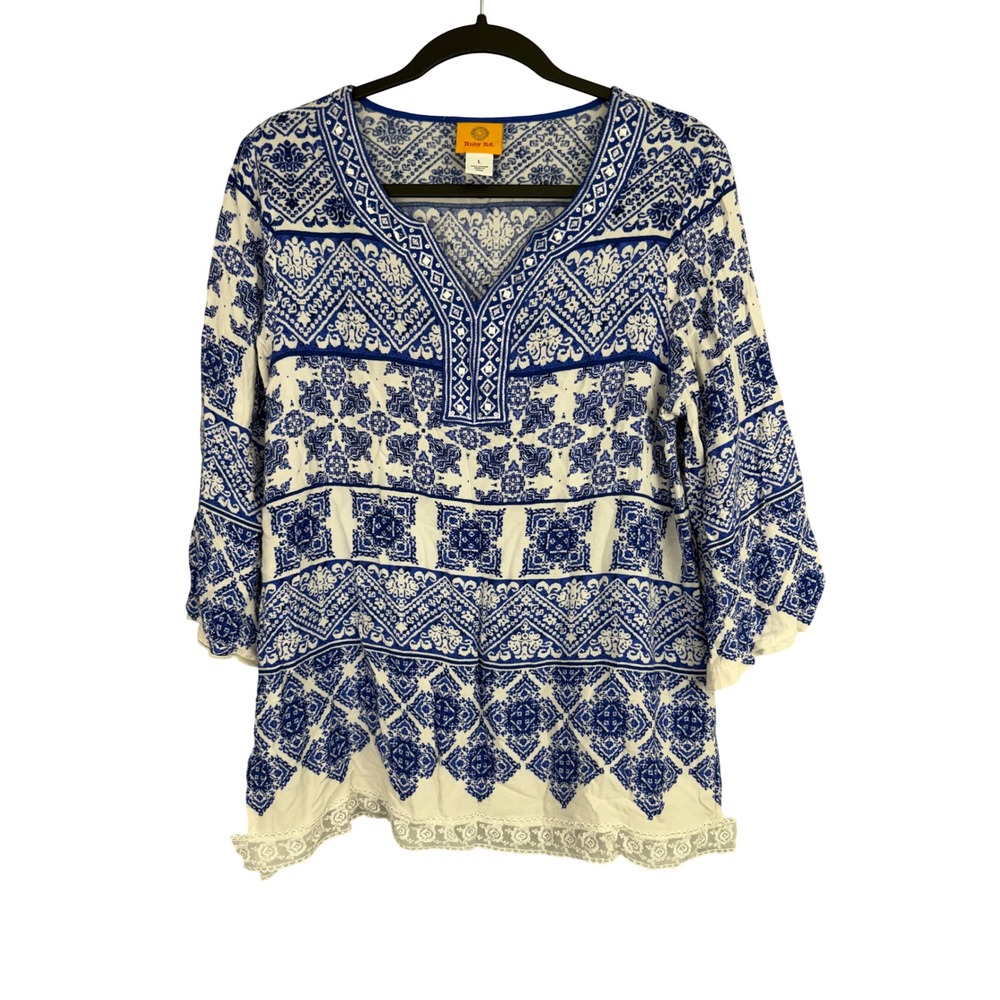 Ruby Rd Womens Large Shirt Blue White Geometric Print Lace Trim Tunic Top FLAW